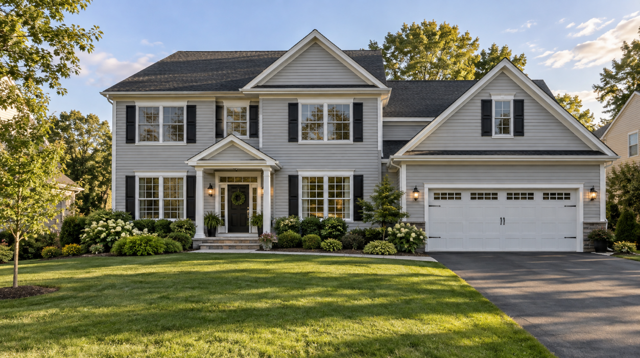 Two-story home with light gray vinyl siding, black shutters, white trim and a charcoal roof