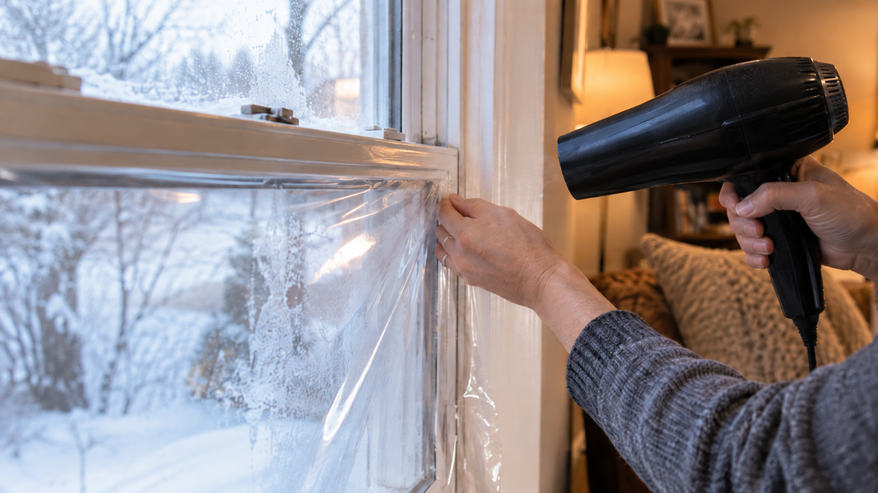 Shrink window film being tightened with a hair dryer over a frosted window