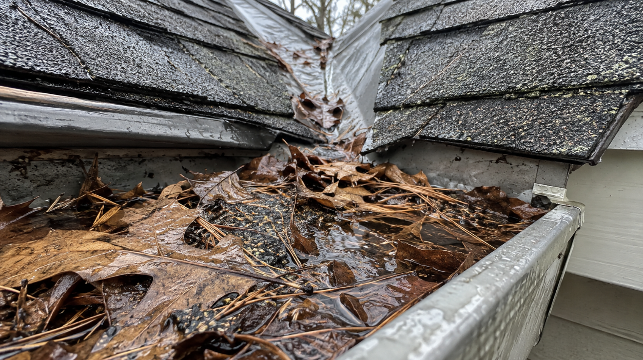 Roof valley draining into a gutter filled with wet leaves, pine needles and standing water