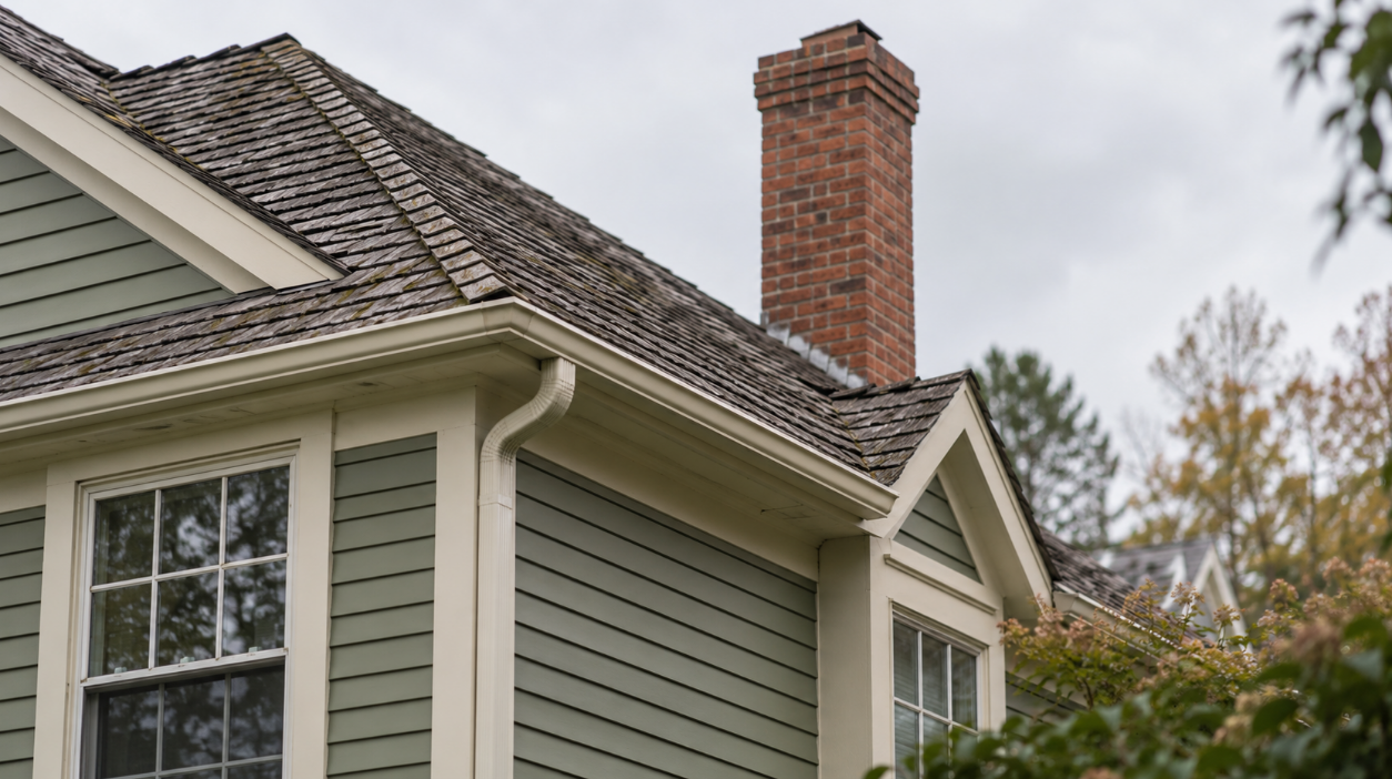 Sage green vinyl siding with cream trim under a weathered-wood roof and brick chimney