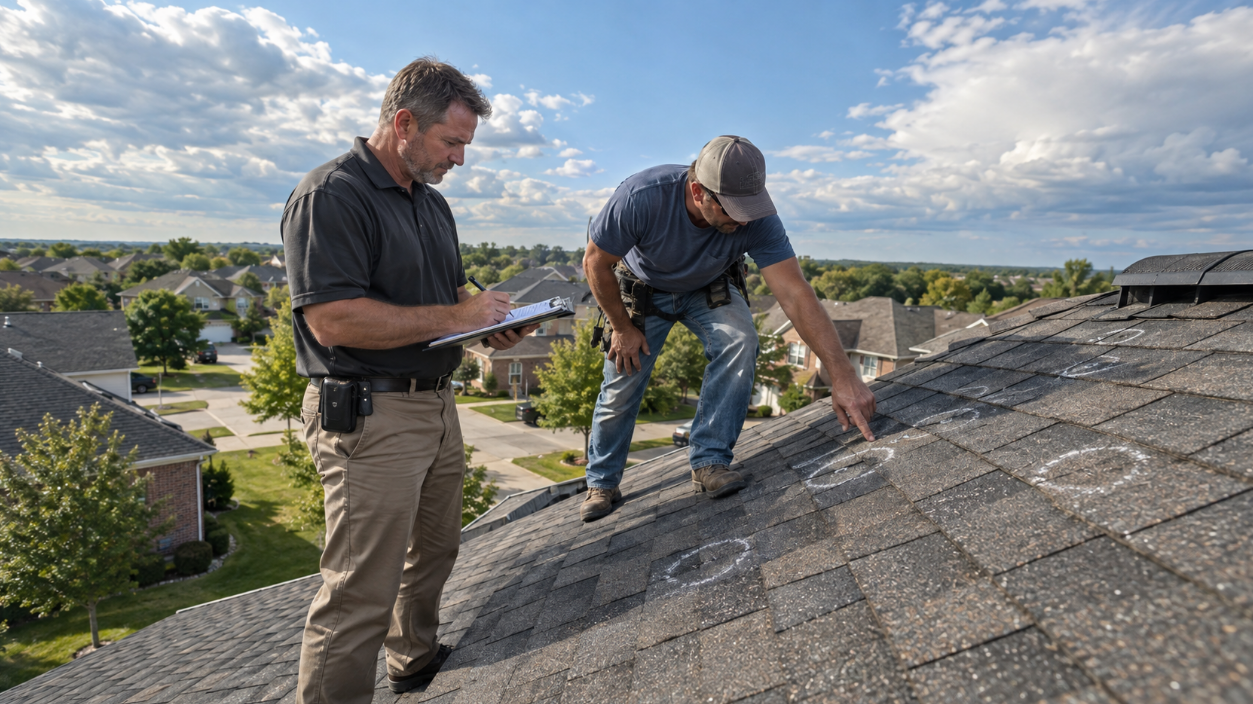 Adjuster taking notes while a roofer points out chalk-marked hail damage on a roof