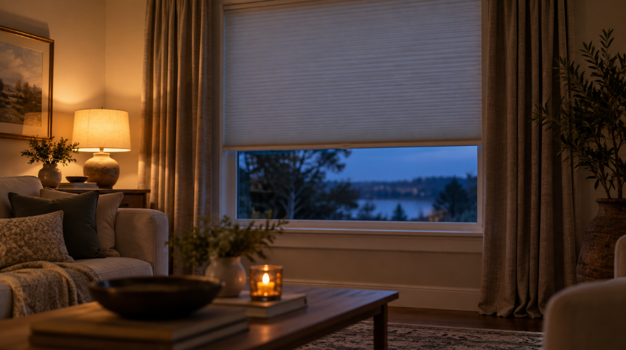 Cellular shade and floor-length curtains on a living room window at dusk