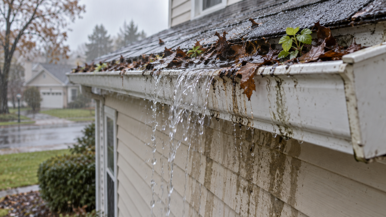 Rainwater overflowing a clogged gutter packed with leaves, leaving stains down the siding