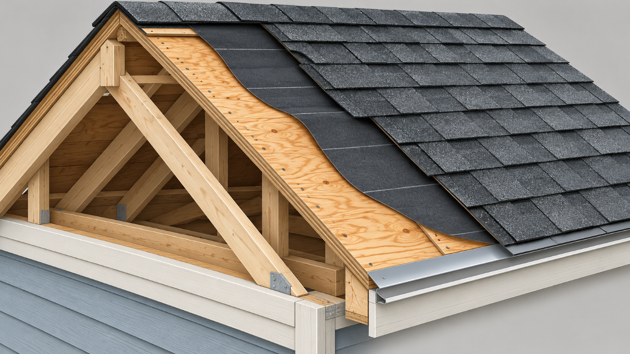 Cutaway roof section showing rafters, plywood decking, underlayment and shingles above a gutter