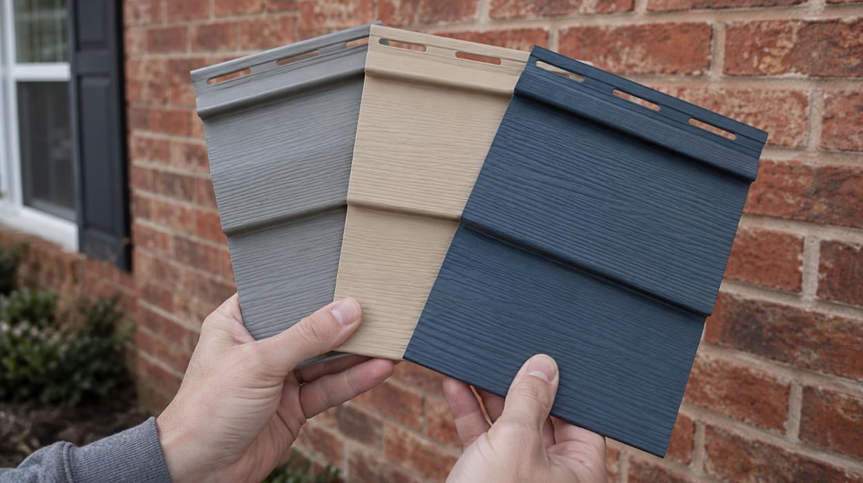 Hands holding gray, tan and dark blue vinyl siding samples against a red brick wall