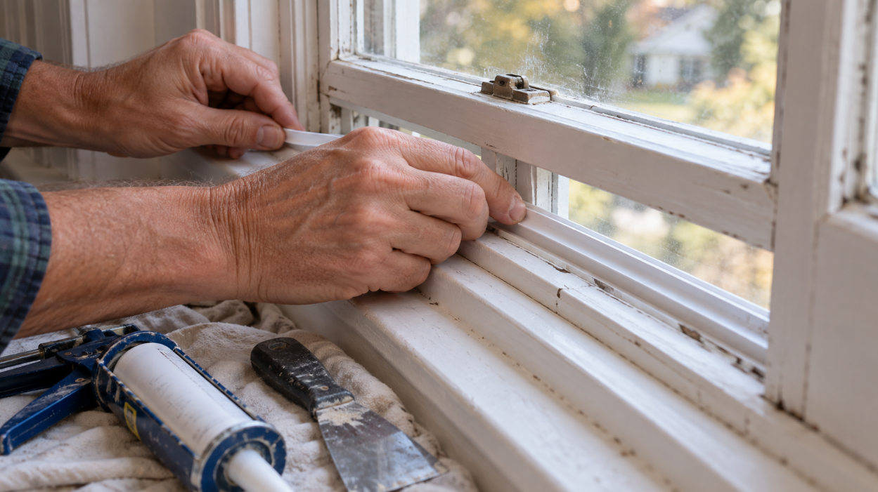 Hands fitting weatherstripping into a wooden sash channel, with caulk gun and putty knife nearby
