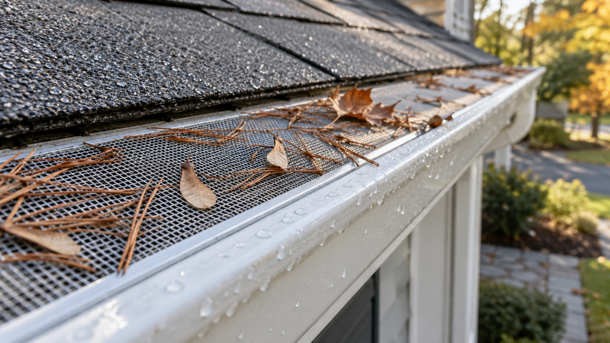 Pine needles and maple seeds resting on a mesh gutter guard along a shingle roof