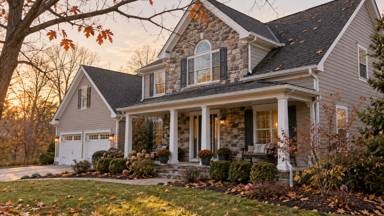 Two-story stone and siding home with fallen leaves on the roof and lawn in autumn