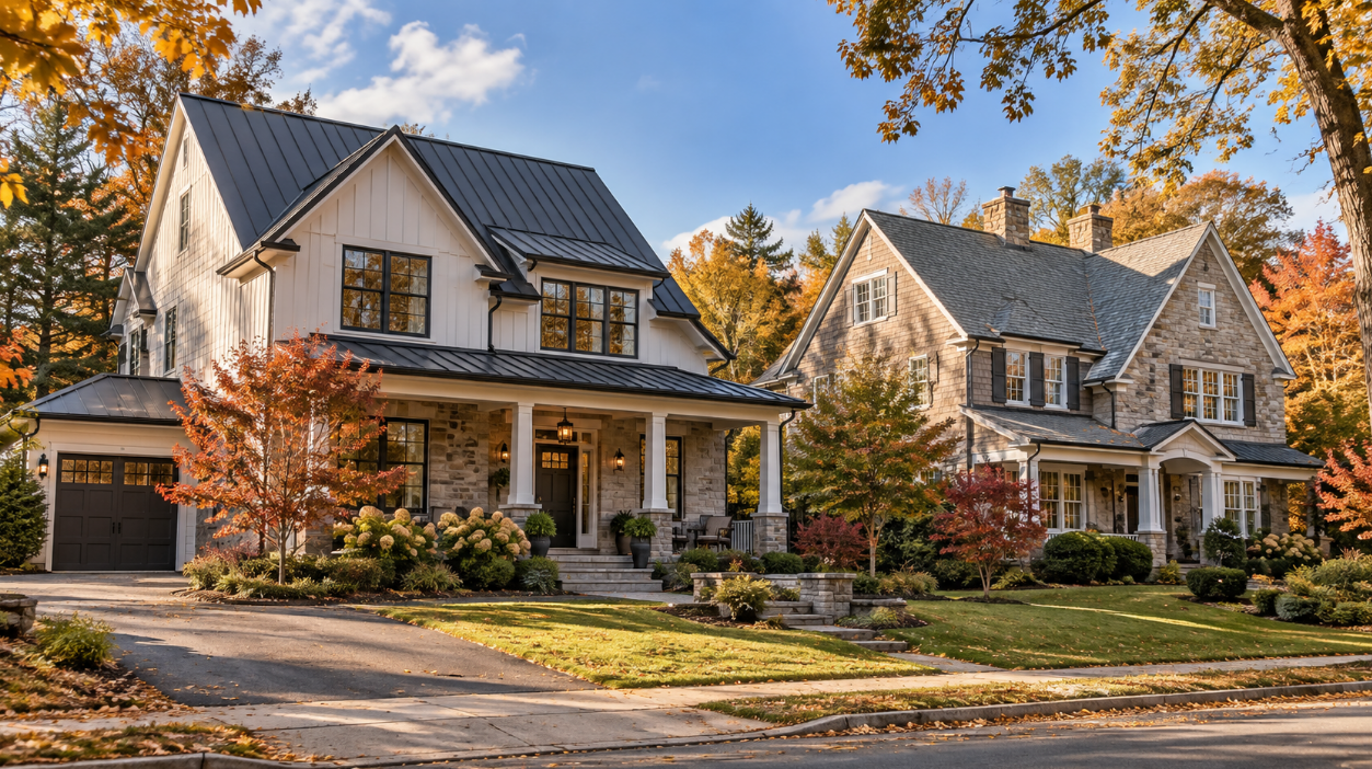 White house with a dark standing seam metal roof beside a stone house with an asphalt shingle roof